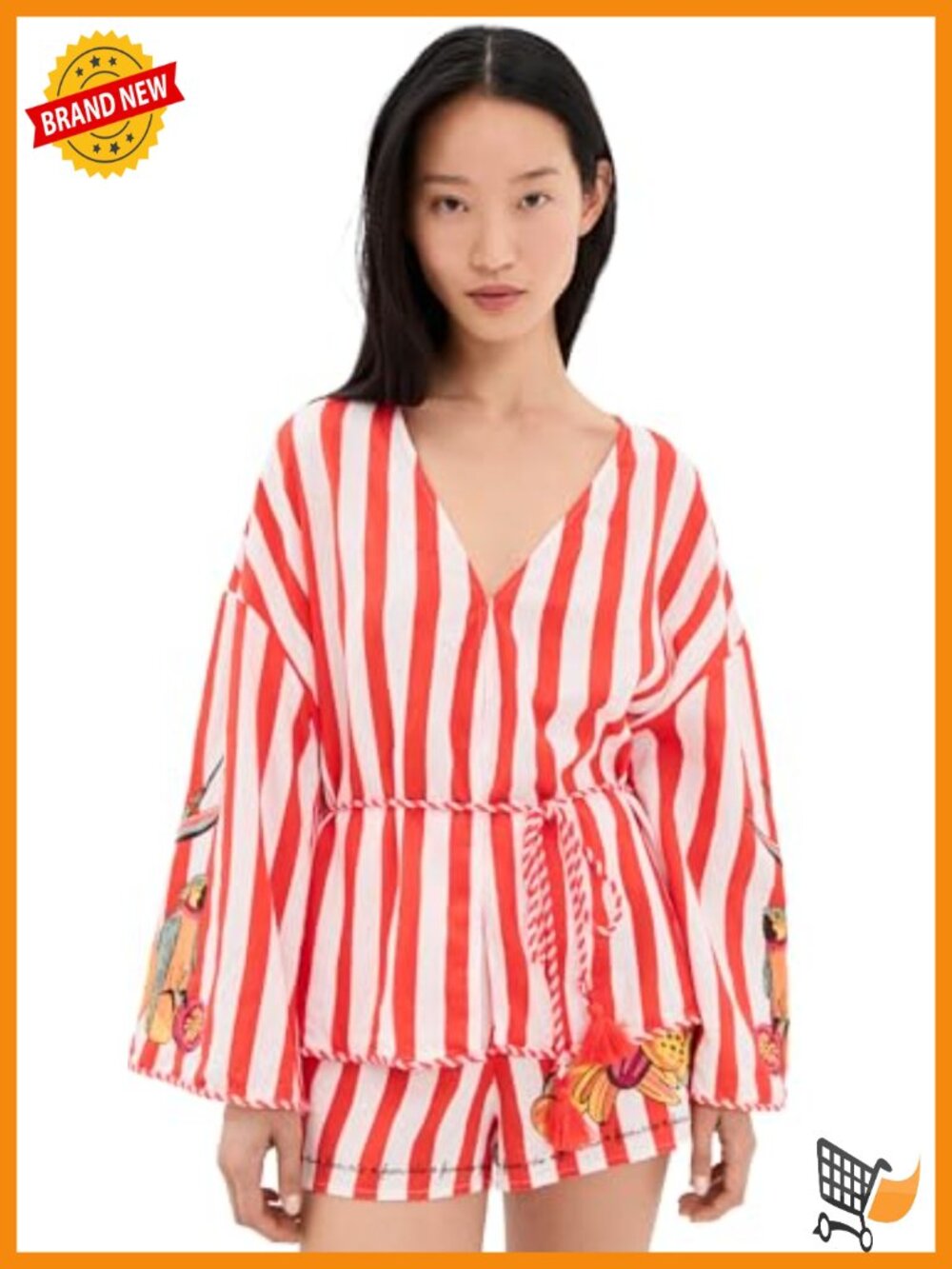 Linen Viscose Embroidered Kimono Cover-Up Relaxed V-Neck Rope Trim